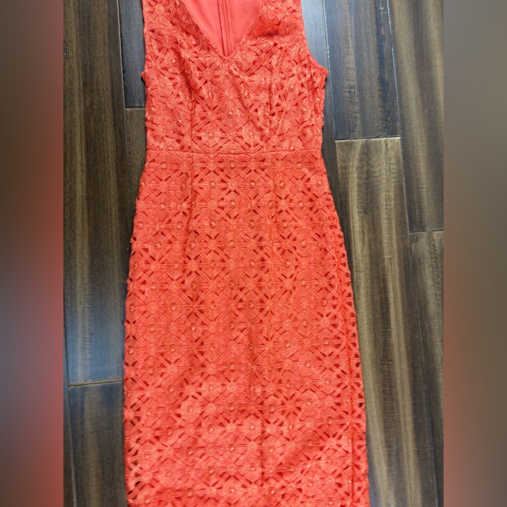 size S Orange Lace Dress Full Length Sleeveless Halter V Neck Fitted - Picture 7 of 13